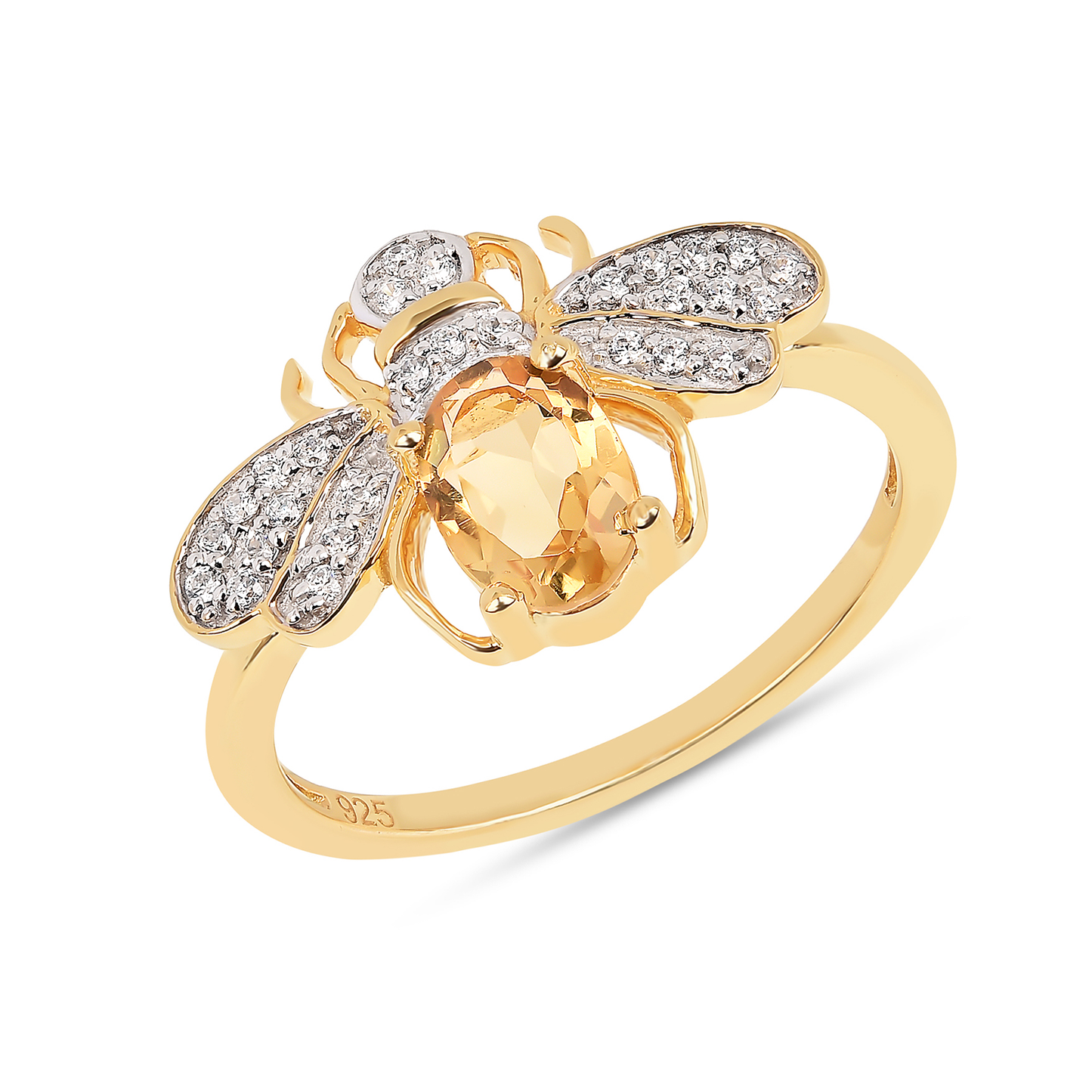 Bague en Argent 925 doré Or jaune 18k assemblée de Citrine et d'Oxyde de zirconium