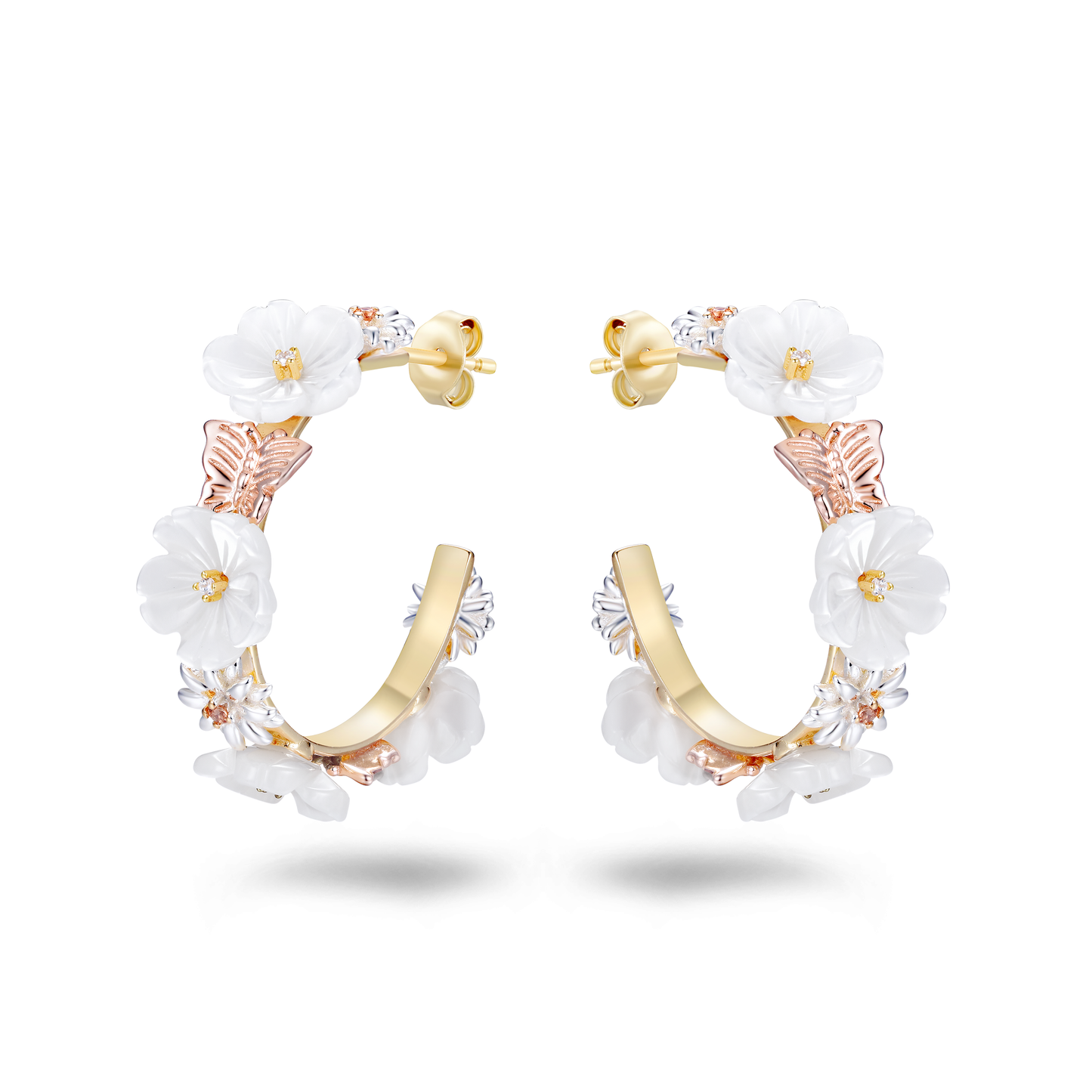 Boucles d'oreilles en Argent 925 doré Or jaune et rose 18k assemblées de Nacre, Champagne et d'Oxyde de zirconium